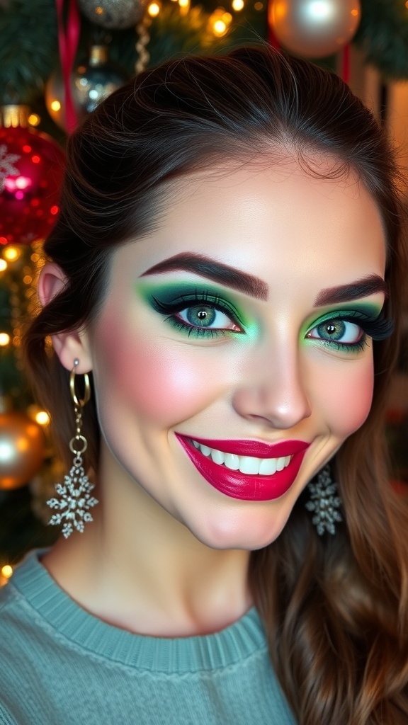 90s inspired Christmas makeup with bold colors and glossy lips, set against a festive background.